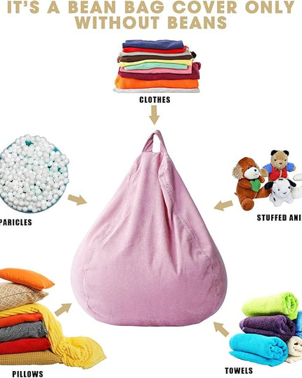 2 Pcs Bean Bag Cover Stuffed Animal Storage Bean Bag Chair Cover Soft Corduroy Stuffed Animal Bean Bag Storage for Kids Adults Indoor Bedroom Organizing Plush Toys(Pink, 100L) - LeafyLoom
