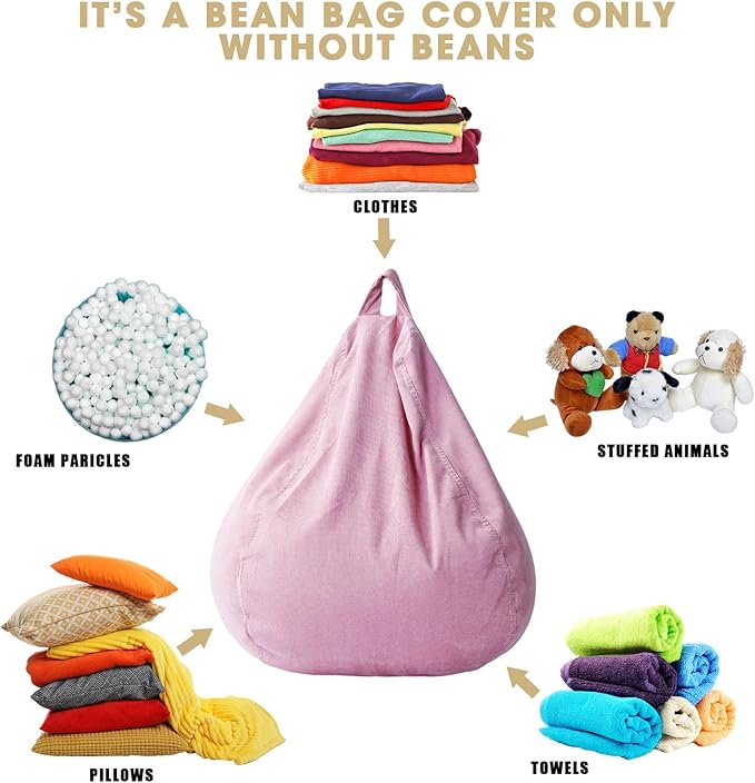 2 Pcs Bean Bag Cover Stuffed Animal Storage Bean Bag Chair Cover Soft Corduroy Stuffed Animal Bean Bag Storage for Kids Adults Indoor Bedroom Organizing Plush Toys(Pink, 100L) - LeafyLoom