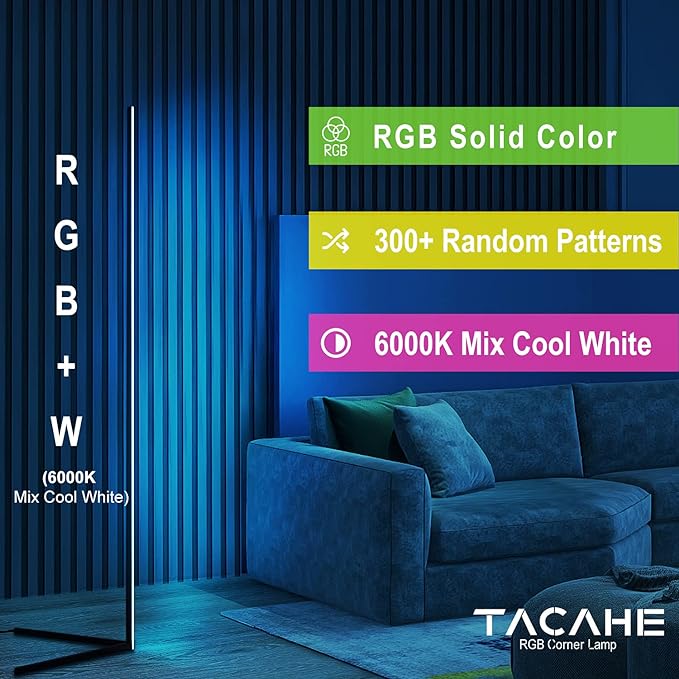 TACAHE Corner Floor Lamp - RGB Color Changing Mood Light, Dimmable LED Modern Floor Lamp with Remote, 56" Metal Standing Lamp for Living Room, Bedroom 20W - Black - LeafyLoom