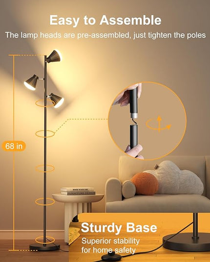 36W Integrated LED Tree Floor Lamp, Rotatable Modern 3 Light Standing Lamp with Foot Switch, Bright Reading Tall Lamp with 3 Color Temperatures, Black Stand up Lamp for Living Room, Bedroom, Office - LeafyLoom