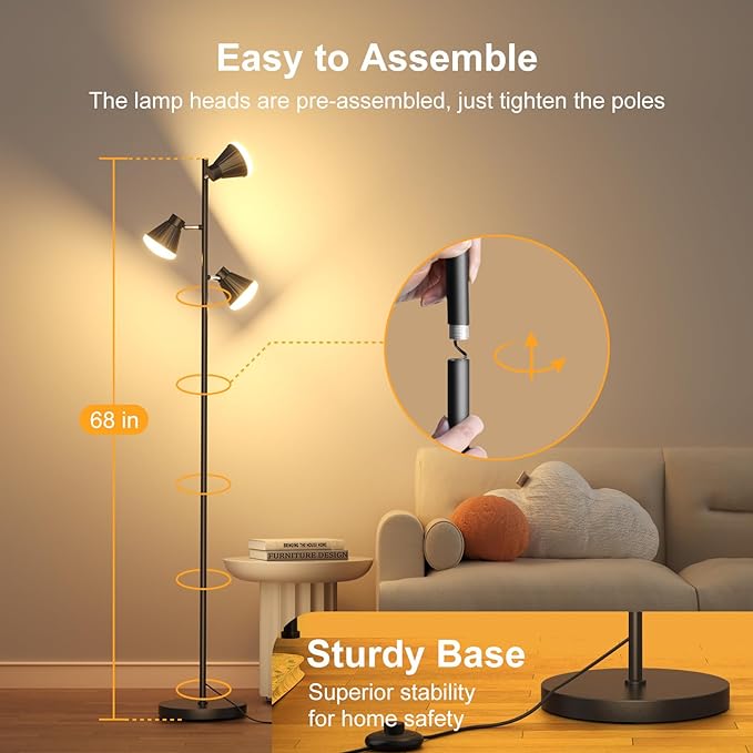 36W Integrated LED Tree Floor Lamp, Rotatable Modern 3 Light Standing Lamp with Foot Switch, Bright Reading Tall Lamp with 3 Color Temperatures, Black Stand up Lamp for Living Room, Bedroom, Office - LeafyLoom