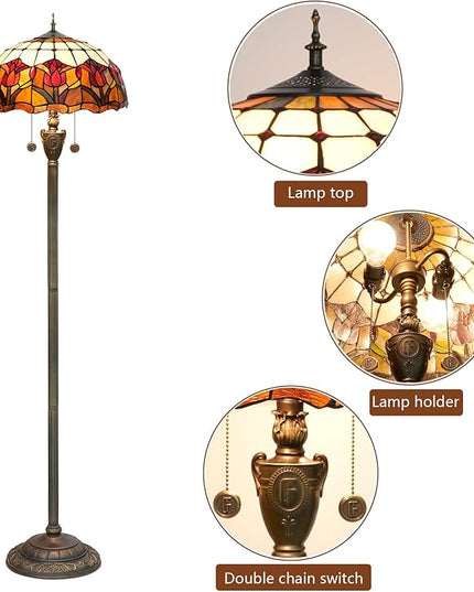 Tiffany Floor Lamp Red Tulip Style Stained Glass lamp for Living Room Bedroom Office Bright Lighting Rustic Corner Deco Standing Tall Unique Vintage Reading Unique Bronze Reading Aesthetic - LeafyLoom