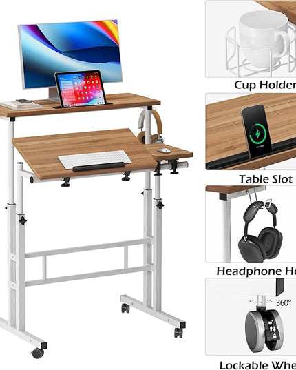 SDHYL 31.5 inches Movable Laptop Desk with Mouse Board Adjustable Height and Angle Anti-Slip Workstation Home Office Desk with Tablet Slot Portable Student Desk, Oak - LeafyLoom