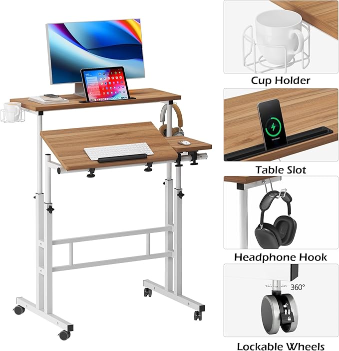 SDHYL 31.5 inches Movable Laptop Desk with Mouse Board Adjustable Height and Angle Anti-Slip Workstation Home Office Desk with Tablet Slot Portable Student Desk, Oak - LeafyLoom