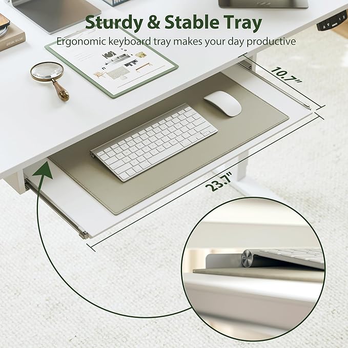 Height Adjustable Desk with Keyboard Tray, 48 x 24 Inches Electric Standing Desk, Stand up Computer Table with Memory Preset, Modern Lift Motorized Gaming Workstation, White - LeafyLoom