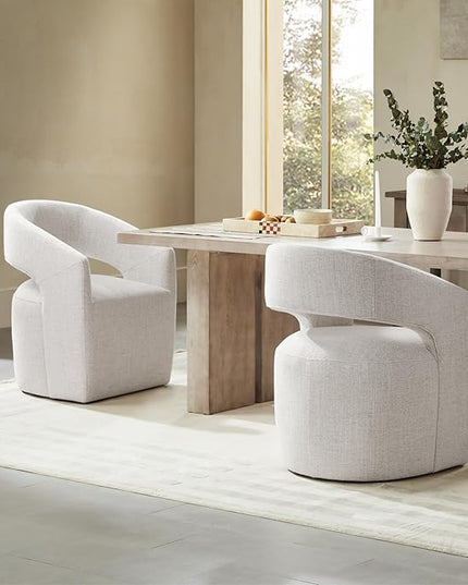 Dining Chairs with Casters Upholstered Modern Armchair with Rollers for Diningroom Bedroom Livingroom Reading Room, 32.25''H, Ivory - LeafyLoom