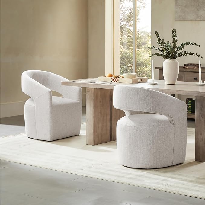 Dining Chairs with Casters Upholstered Modern Armchair with Rollers for Diningroom Bedroom Livingroom Reading Room, 32.25''H, Ivory - LeafyLoom