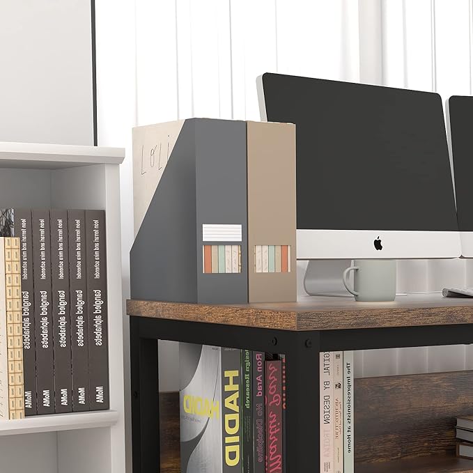 TOPSKY Computer Desk with Bookshelf/Metal Hole Cable Cover 1.18" Thick Desk (55", Rustic Brown) - LeafyLoom