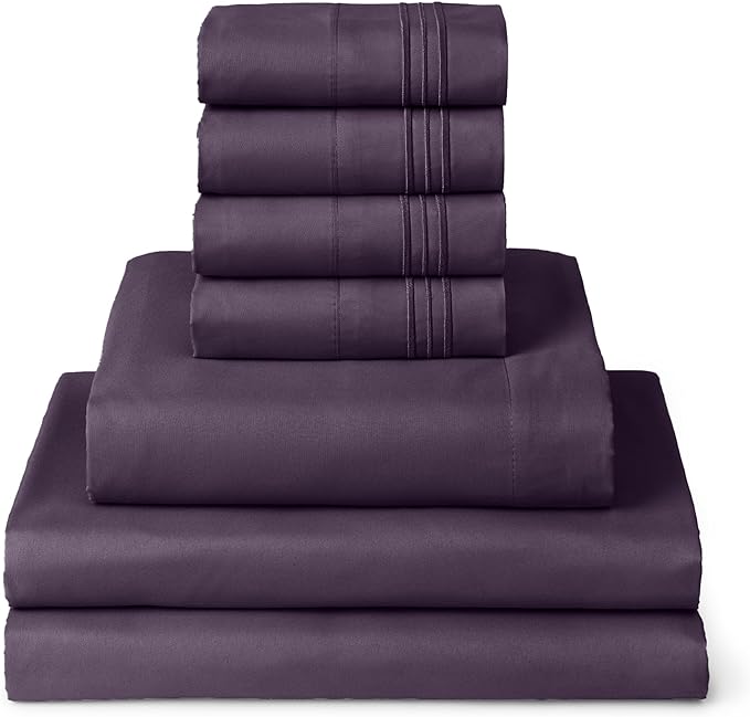 Mellanni Split King Sheets Set - 7 PC Iconic Collection Bedding Sheets & Pillowcases - Ultra Soft, Cooling Bed Sheets - Deep Pocket up to 16 inch - 7 PC (Split King, Purple w/Extra Pillow Cases) - LeafyLoom