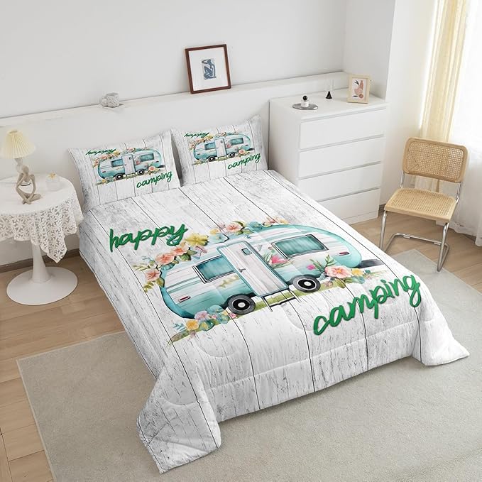 Erosebridal Girls Camping Bedding Camper Car Floral Comforter Set Queen - LeafyLoom