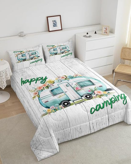 Girls Camper Comforter Set Camping Car Floral Down Comforter Twin Size Rustic Farmhouse Theme Bedding Set Camping Decor Retro Chic Flower Quilted Duvet Old Barn Door Vintage Wooden Style Duvet Set - LeafyLoom