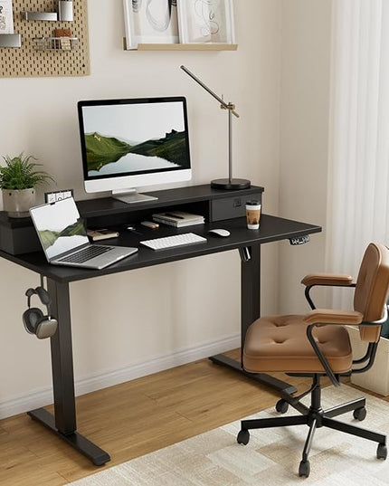 55 x 24 Inches Electric Standing Desk with 2 Storage Drawers, Stand Up Desk Adjustable Height, Sit and Stand Computer Table with Splice Board, Black - LeafyLoom
