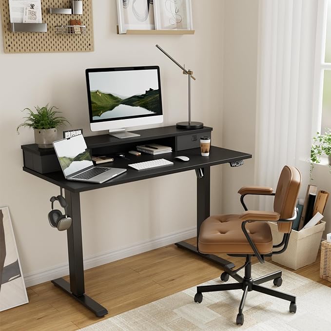 55 x 24 Inches Electric Standing Desk with 2 Storage Drawers, Stand Up Desk Adjustable Height, Sit and Stand Computer Table with Splice Board, Black - LeafyLoom