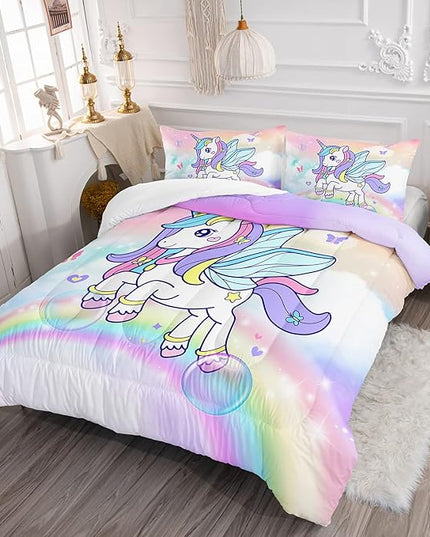 Unicorn Comforter Set for Girls Butterfly Bedding Set Rainbow Quilt Set Twin with 1 Comforter and 2 Pillowcases - LeafyLoom