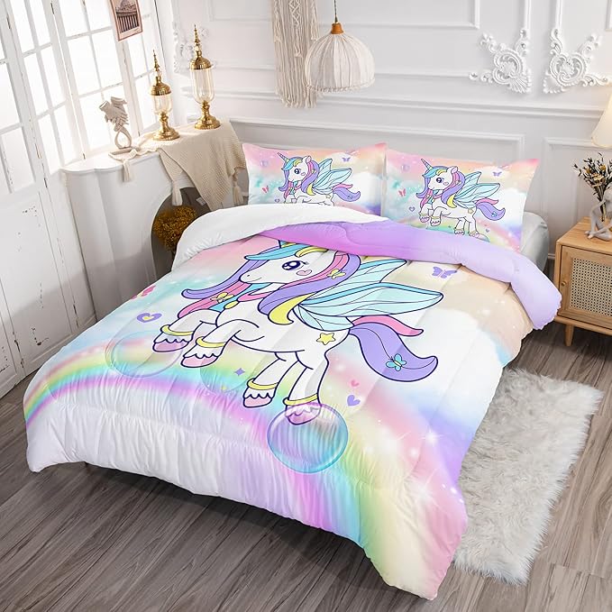 Unicorn Comforter Set for Girls Butterfly Bedding Set Rainbow Quilt Set Twin with 1 Comforter and 2 Pillowcases - LeafyLoom