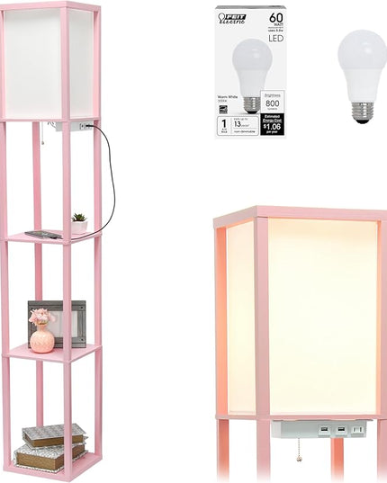 Simple Designs LF1037-LPK-LB Three Shelf Etagere Organizer Storage Floor Lamp with 2 Dual USB Ports and Charging Outlet, Light Pink, with Feit LED Bulb Included - LeafyLoom