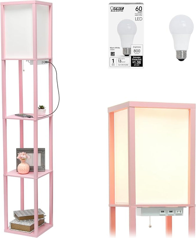 Simple Designs LF1037-LPK-LB Three Shelf Etagere Organizer Storage Floor Lamp with 2 Dual USB Ports and Charging Outlet, Light Pink, with Feit LED Bulb Included - LeafyLoom