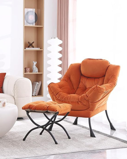 Lazy Chair with Ottoman, Modern Accent Chair Contemporary Lounge Leisure Upholstered Sofa Chair Set with Armrests, Reading Chair for Living Room, Bedroom, Office, Orange - LeafyLoom
