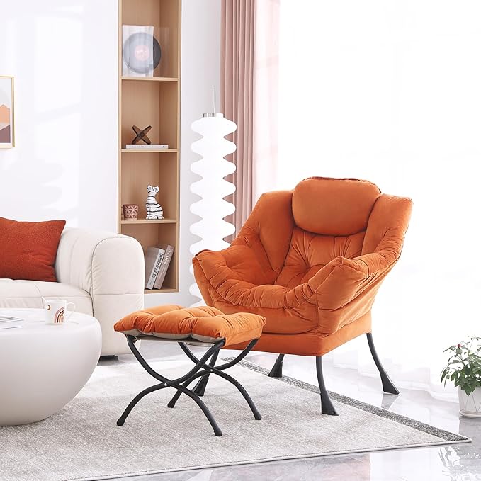 Lazy Chair with Ottoman, Modern Accent Chair Contemporary Lounge Leisure Upholstered Sofa Chair Set with Armrests, Reading Chair for Living Room, Bedroom, Office, Orange - LeafyLoom