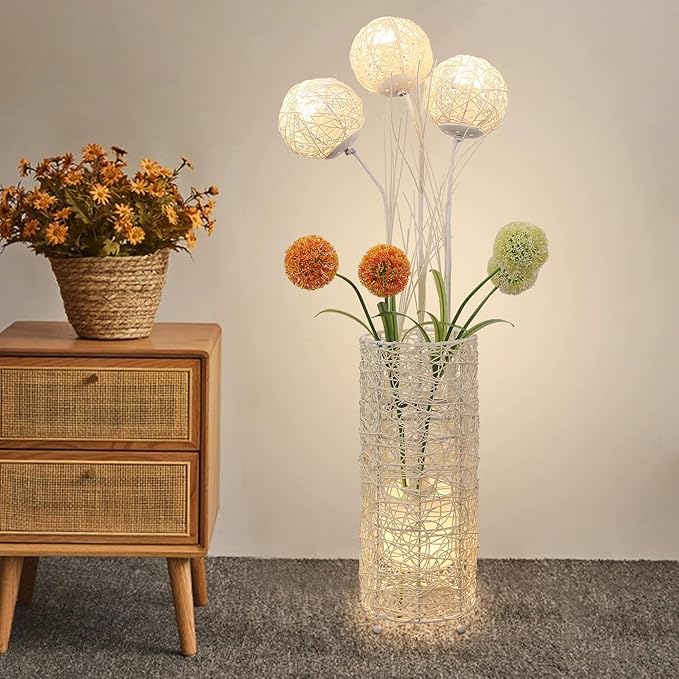 Modern Pastoral LED Floor Lamp: Decorative Hand-Woven Rattan Flower Night Light - Creative Standing Smart Lamp for Reading Living Room Bedroom Tea Room Club - LeafyLoom