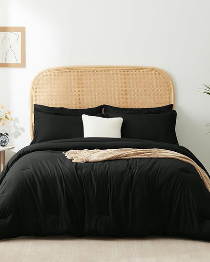 Queen Bed in a Bag 7 Pieces Bedding Comforter Set with Comforter and Sheets Black Queen Bed Set with Sheets,Pillow Shams, Flat Sheet, Fitted Sheet and Pillowcases - LeafyLoom