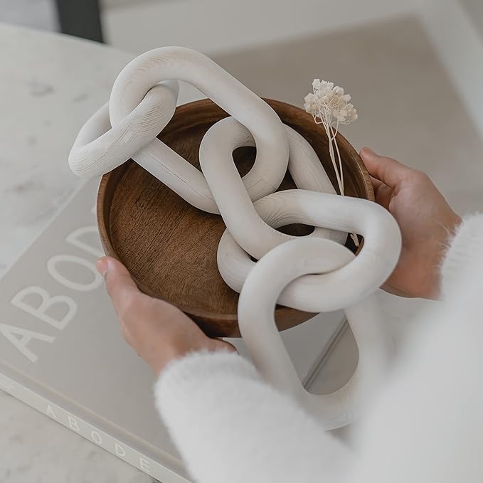 Wood Chain Link Decor - Rustic White Washed Decorative Chain, Coffee Table Decor, Book Shelf Decor Accents, Made from Pine Wood, Bookshelf Decor,Boho, Country or Modern Home Décor for Shelves - LeafyLoom