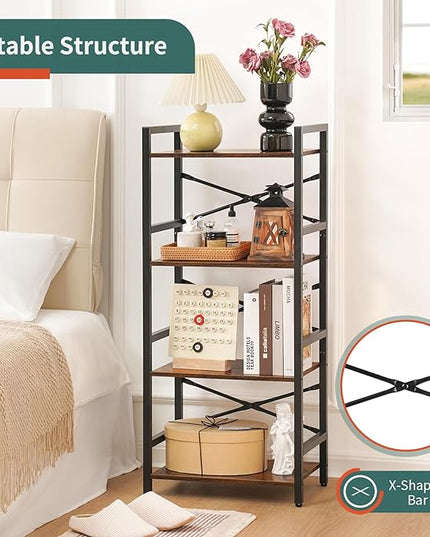 Yoobure 4 Tier Bookshelf - Small Book Shelf Industrial Bookcase, Narrow Book Case Book Storage Organizer for CD/Movie/Book, Bookshelves for Bedroom Office Living Room Berry Brown - LeafyLoom