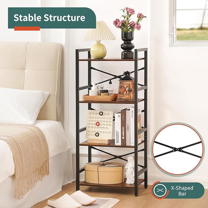 Yoobure 4 Tier Bookshelf - Small Book Shelf Industrial Bookcase, Narrow Book Case Book Storage Organizer for CD/Movie/Book, Bookshelves for Bedroom Office Living Room Berry Brown - LeafyLoom