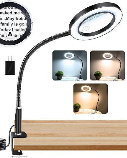NZQXJXZ Large 30X10X Magnifying Glass with 72 LEDs Light Desk Magnifier with Clip 3 Color Modes and 10 Stepless Dimmable Desk Magnifying Lamp for Hobbies, Reading, Close Work, Jewelry - LeafyLoom