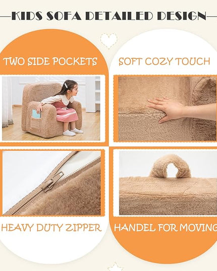 Snuggly-Soft Cuddly Toddler Plush Armchair for Boys and Girls Fuzzy Plush Kids Sofa Couch Reading Chair with Children Friendly Handle for Easy Movement & Double Pockets for Good Storage, Camel - LeafyLoom