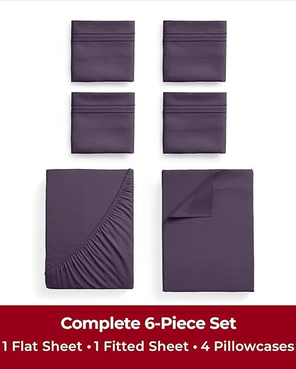 Mellanni King Sheets Set - 6 PC Iconic Collection Bedding Sheets & Pillowcases - Hotel Luxury, Ultra Soft, Cooling Bed Sheets - Deep Pocket up to 16 inch - 6 PC (King, Purple w/Extra Pillow Cases) - LeafyLoom