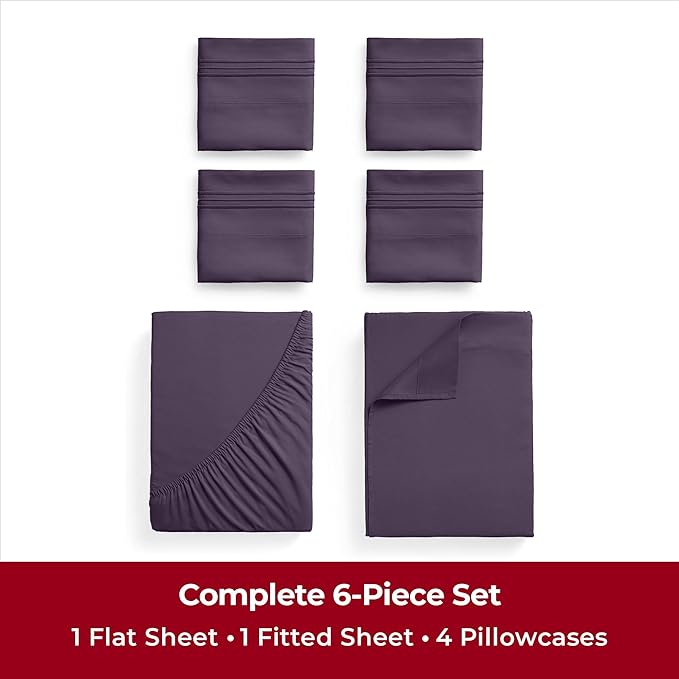 Mellanni King Sheets Set - 6 PC Iconic Collection Bedding Sheets & Pillowcases - Hotel Luxury, Ultra Soft, Cooling Bed Sheets - Deep Pocket up to 16 inch - 6 PC (King, Purple w/Extra Pillow Cases) - LeafyLoom