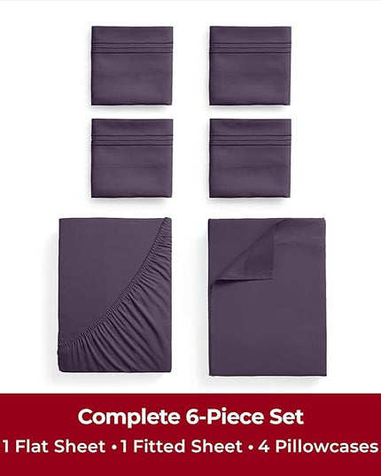 Mellanni California King Sheets Set - 6 PC Iconic Collection Bedding Sheets & Pillowcases - Ultra Soft, Cooling Bed Sheets - Deep Pocket up to 16 inch - 6 PC (Cal King, Purple w/Extra Pillow Cases) - LeafyLoom