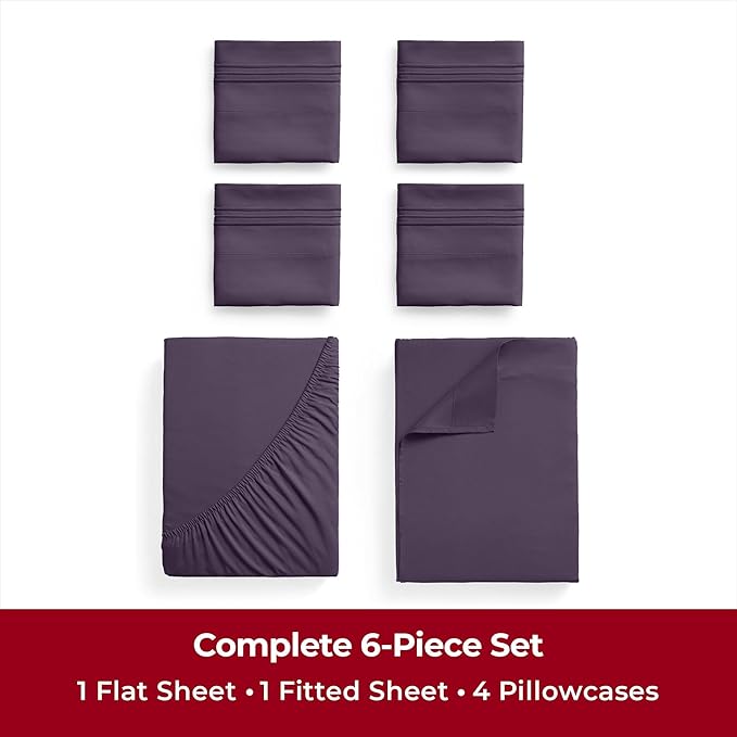 Mellanni California King Sheets Set - 6 PC Iconic Collection Bedding Sheets & Pillowcases - Ultra Soft, Cooling Bed Sheets - Deep Pocket up to 16 inch - 6 PC (Cal King, Purple w/Extra Pillow Cases) - LeafyLoom