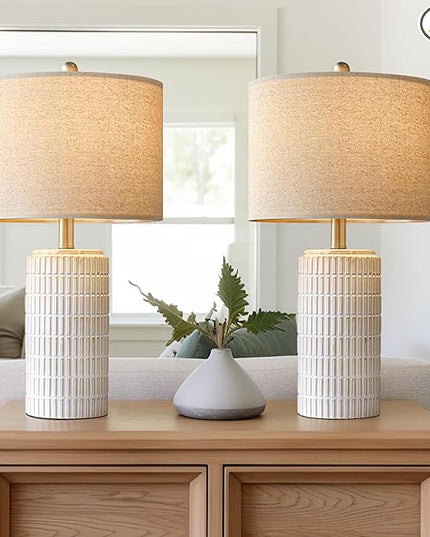 PoKat 23" Modern Ceramic Table Lamp Set of 2 for Living Room White Desk Lamps for Bedroom Farmhouse Bedside Nightstand Bedside Lamp End Table Lamps Beige - LeafyLoom