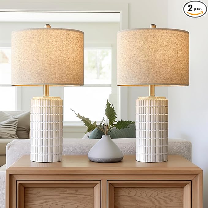 PoKat 23" Modern Ceramic Table Lamp Set of 2 for Living Room White Desk Lamps for Bedroom Farmhouse Bedside Nightstand Bedside Lamp End Table Lamps Beige - LeafyLoom