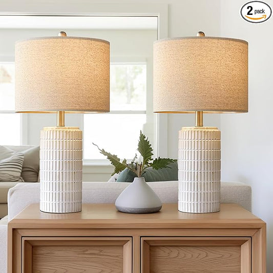 PoKat 23" Modern Ceramic Table Lamp Set of 2 for Living Room White Desk Lamps for Bedroom Farmhouse Bedside Nightstand Bedside Lamp End Table Lamps Beige - LeafyLoom