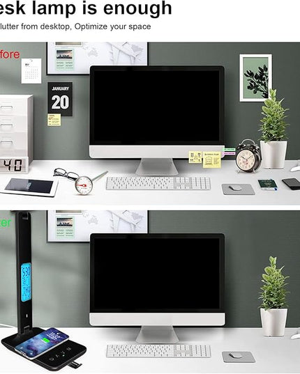 Desk Lamp with Wireless Charger, USB Charging Port, Dimmable Office Desk Light with Clock, Alarm, Date, Temperature, Foldable Lamp for Table Bedroom Bedside Office (Black) - LeafyLoom