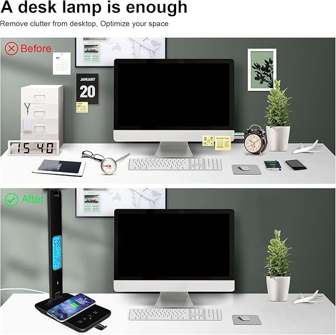 Desk Lamp with Wireless Charger, USB Charging Port, Dimmable Office Desk Light with Clock, Alarm, Date, Temperature, Foldable Lamp for Table Bedroom Bedside Office (Black) - LeafyLoom