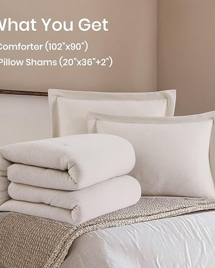 Dark Beige King Size Comforter Set, 3 Piece Summer Bedding for Textured Crinkle King Comforter Set, King Bedding Set with Minimalist Lightweight Comforter & Shams (King, 102"x90") - LeafyLoom
