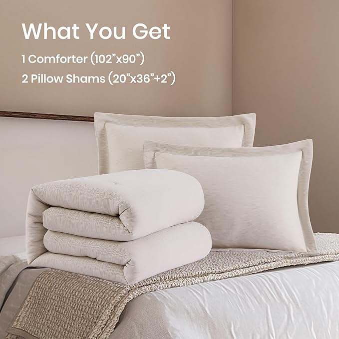 Dark Beige King Size Comforter Set, 3 Piece Summer Bedding for Textured Crinkle King Comforter Set, King Bedding Set with Minimalist Lightweight Comforter & Shams (King, 102"x90") - LeafyLoom