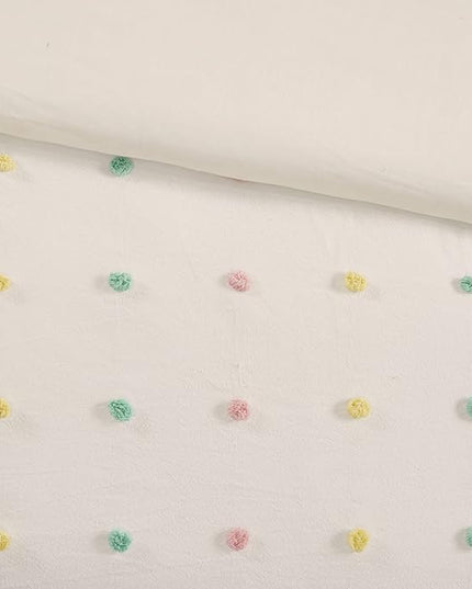 Duvet Cotton Jacquard Weave Colorful Poms Accent, Shabby Chic Cover for Comforter Cozy Bedding Set, Matching Shams, Decorative Pillows, Full Queen, Multi, 5 Piece - LeafyLoom