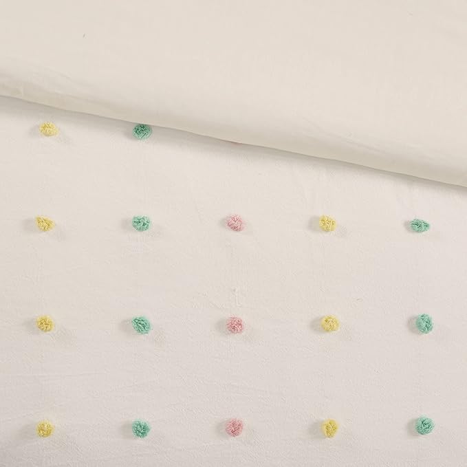 Duvet Cotton Jacquard Weave Colorful Poms Accent, Shabby Chic Cover for Comforter Cozy Bedding Set, Matching Shams, Decorative Pillows, Full/Queen, Multi, Twin/Twin XL, 4 Piece - LeafyLoom