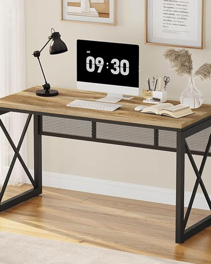 BON AUGURE Farmhouse Computer Desk, Modern Industrial Home Office Desk, Wood Metal Study Writing Table, Sturdy Gaming Desk (Vintage Oak, 54 Inch) - LeafyLoom