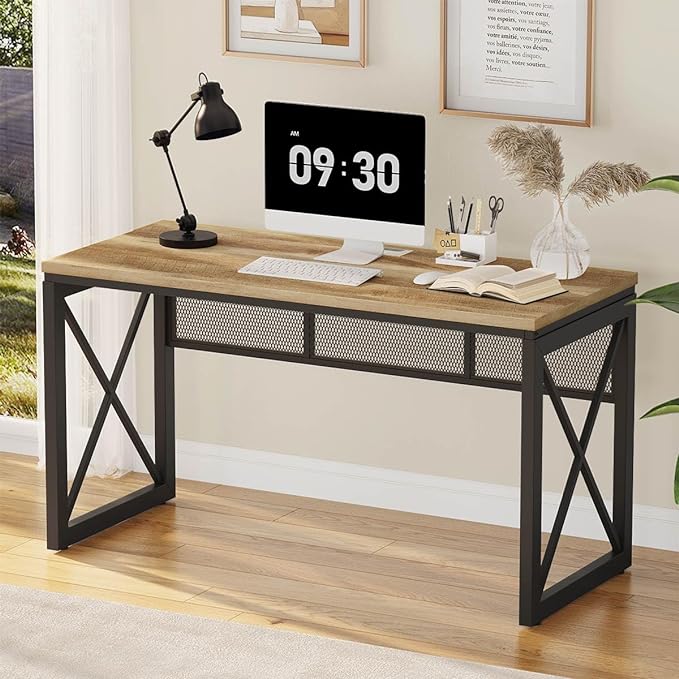 BON AUGURE Farmhouse Computer Desk, Modern Industrial Home Office Desk, Wood Metal Study Writing Table, Sturdy Gaming Desk (Vintage Oak, 54 Inch) - LeafyLoom