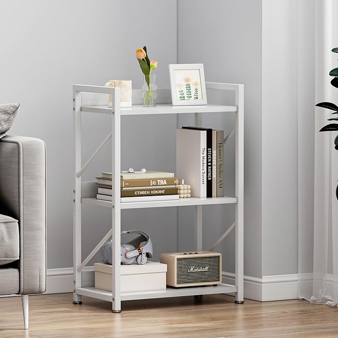 Small Bookshelf for Small Spaces,Modern 3 Tier Bookcase Night Stand, Narrow Book Shelf Organizer, Small Shelf Open Display Rack for Bedroom, Living Room, Home Office(White) - LeafyLoom