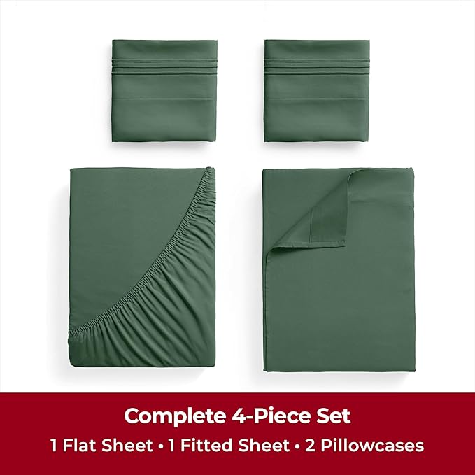 Mellanni Twin XL Sheets Set - 4 Piece Iconic Collection Bedding Sheets & Pillowcases - Soft, Cooling Bed Sheets - Deep Pocket up to 16 inch - 4 PC (Twin Extra Long, Emerald Green w/Extra Pillow Case) - LeafyLoom