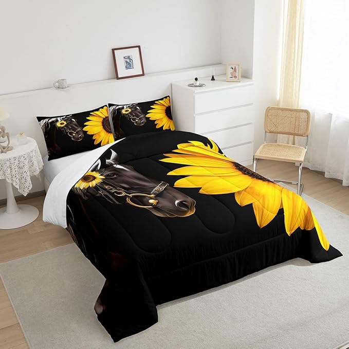 Erosebridal Horse Comforter Set Queen,Sunflower Horse Bedding set for Boys Girls Teens Adults,Western cowboy Farmhouse Down Comforter farm animal Quilt Duvet Sets Bedroom Decor 2 Pillow Cases Black - LeafyLoom