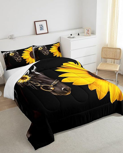 Erosebridal Horse Comforter Set Full,Sunflower Horse Bedding set for Boys Girls Teens Adults,Western cowboy Farmhouse Down Comforter farm animal Quilt Duvet Sets Bedroom Decor 2 Pillow Cases Black - LeafyLoom