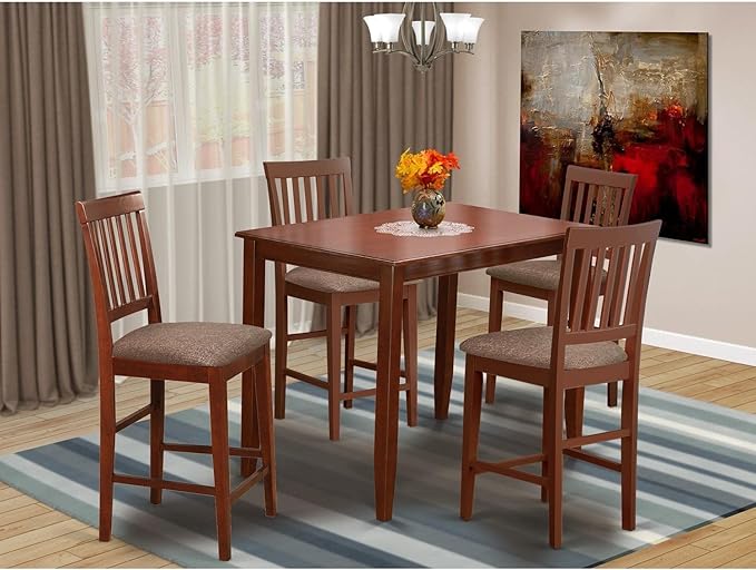 East West Furniture BUVN5-MAH-C Buckland 5 Piece Counter Height Pub Set Includes a Rectangle Table and 4 Linen Fabric Dining Room Chairs, 30x48 Inch, Mahogany - LeafyLoom